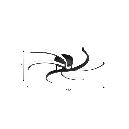 Minimalist Black Swirl Led Flush Mount Ceiling Fixture - 16’/19.5’ Wide Semi For Bedroom