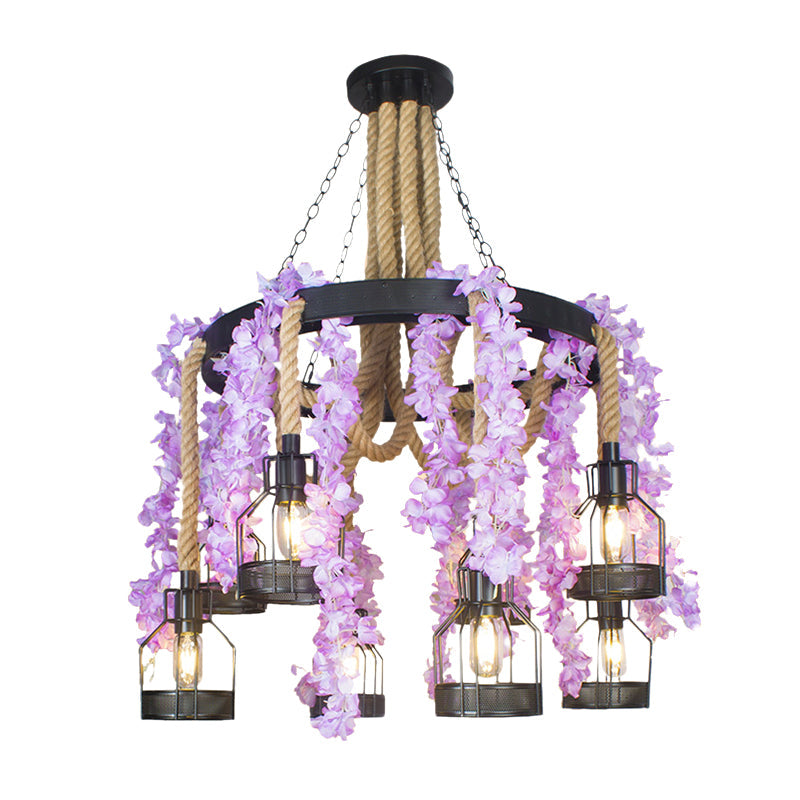 Vintage Hemp Rope Flower Chandelier With Metal Cage And 8 Heads