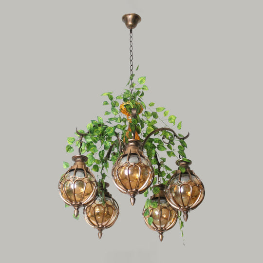 Antique Amber Glass Chandelier With Brass Finish - Perfect For Dining Room Lighting (5/9 Lights)