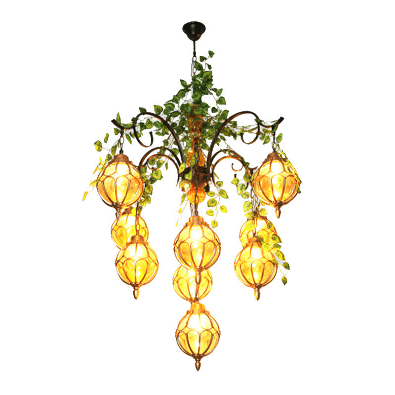 Antique Amber Glass Chandelier With Brass Finish - Perfect For Dining Room Lighting (5/9 Lights)