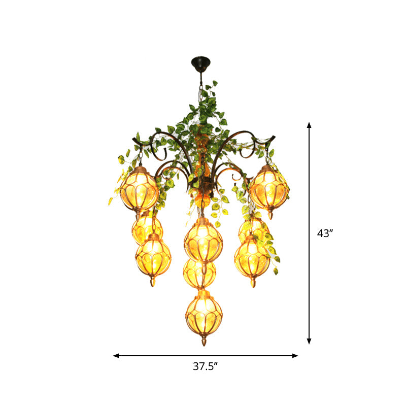 Antique Amber Glass Chandelier With Brass Finish - Perfect For Dining Room Lighting (5/9 Lights)
