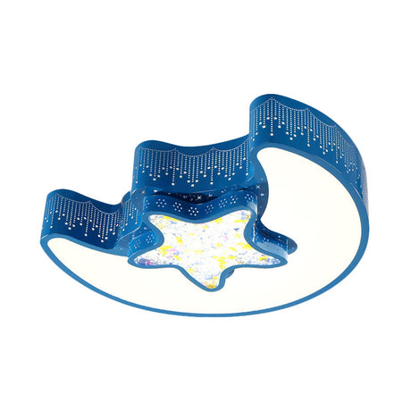 Starry Moon And Pentagram Led Ceiling Flush Lighting For Kids Bedroom - Acrylic Blue/Pink/White