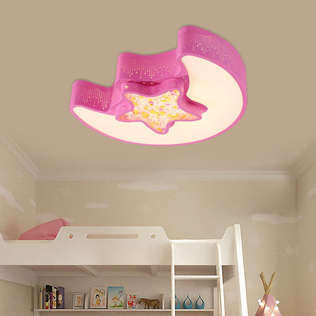 Starry Moon And Pentagram Led Ceiling Flush Lighting For Kids Bedroom - Acrylic Blue/Pink/White