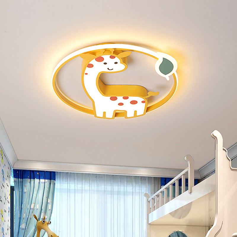 Cartoon-Style Acrylic Giraffe Flush Ceiling Light: Yellow Flushmount Fixture With Leaf Design