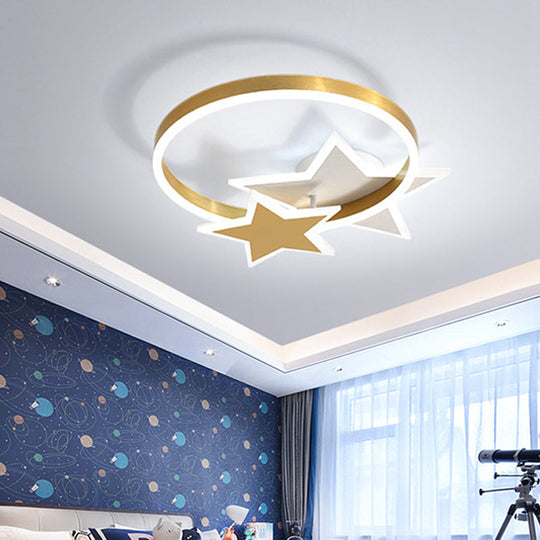 Contemporary Gold Led Flush Mount Lamp With Star Design - Bedroom Ceiling Fixture In Warm/White
