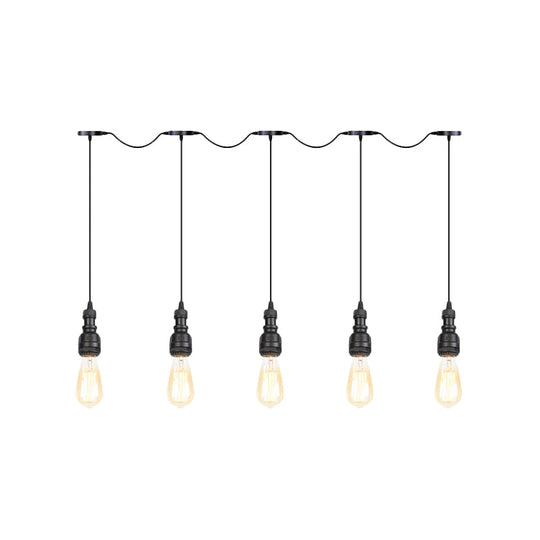 Vintage Iron Restaurant Pendant Lamp - Exposed Bulb Black Finish 5/7 Lights Tandem Multi-Hanging