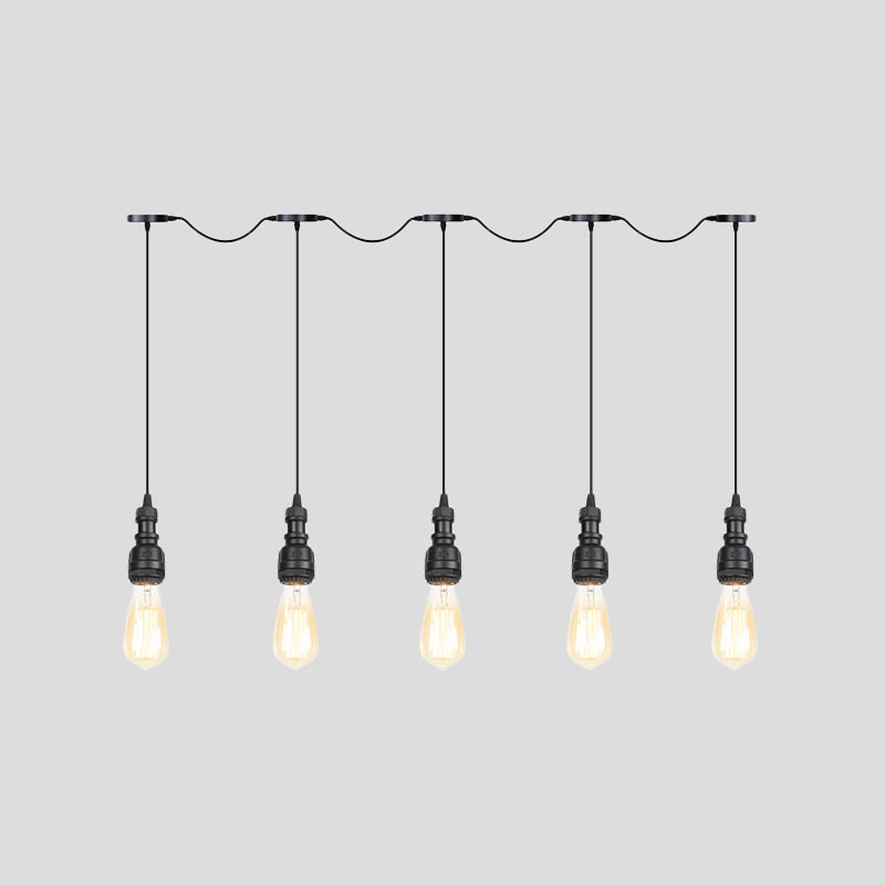 Vintage Iron Restaurant Pendant Lamp - Exposed Bulb Black Finish 5/7 Lights Tandem Multi-Hanging
