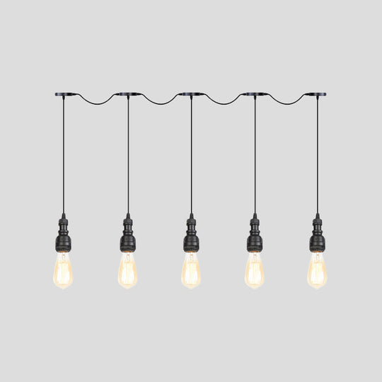 Vintage Iron Restaurant Pendant Lamp - Exposed Bulb Black Finish 5/7 Lights Tandem Multi-Hanging