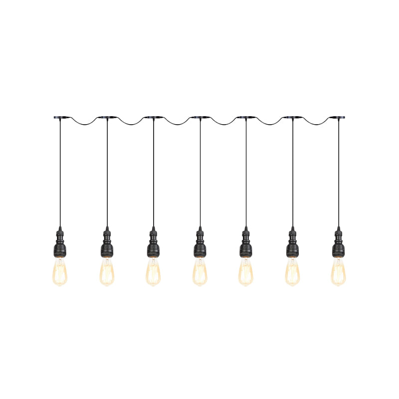 Vintage Iron Restaurant Pendant Lamp - Exposed Bulb Black Finish 5/7 Lights Tandem Multi-Hanging