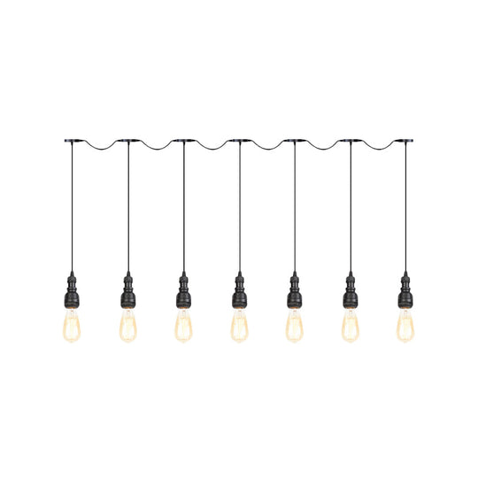 Vintage Iron Restaurant Pendant Lamp - Exposed Bulb Black Finish 5/7 Lights Tandem Multi-Hanging