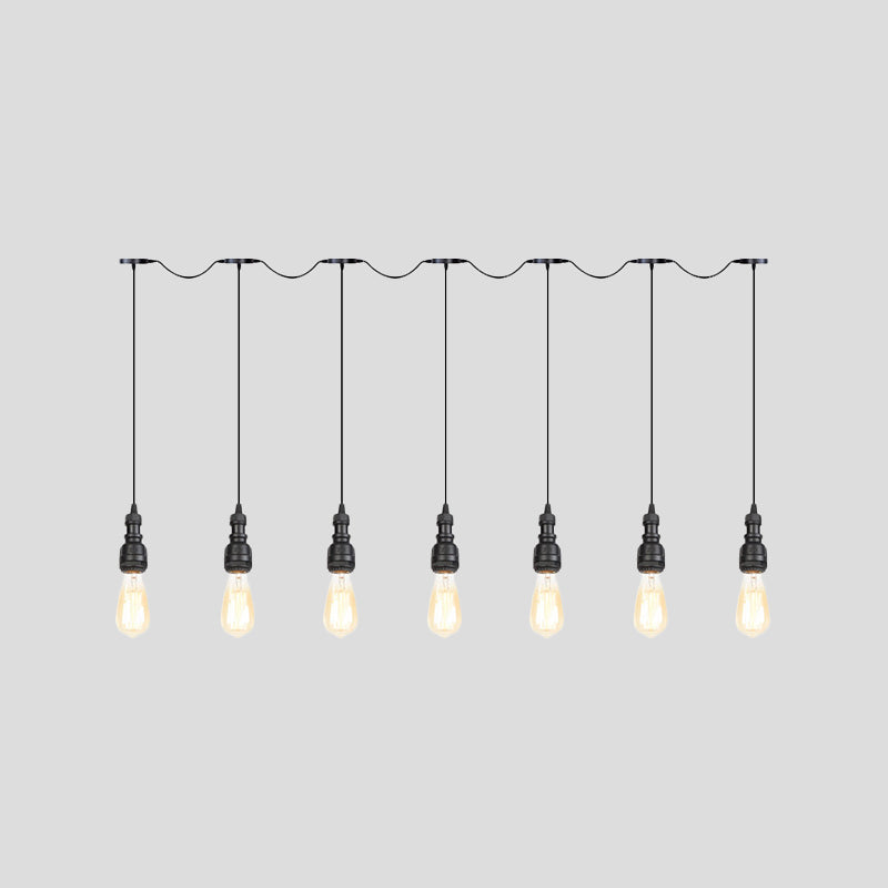 Vintage Iron Restaurant Pendant Lamp - Exposed Bulb Black Finish 5/7 Lights Tandem Multi-Hanging