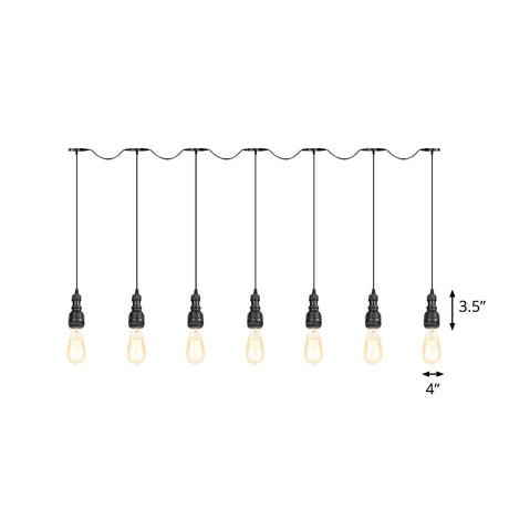 Vintage Iron Pendant Lamp With Exposed Bulbs - 5/7 Lights Black Finish Tandem Multi Hanging Fixture