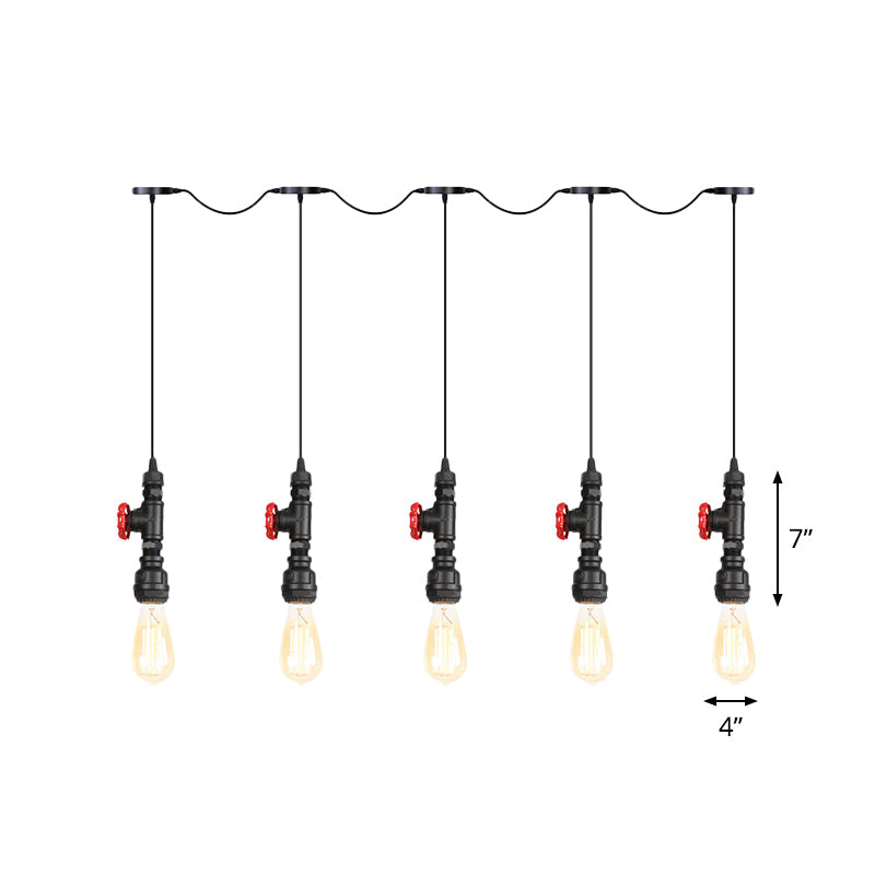 Industrial Iron Multi Pendant Light With Black Finish - 5/7 Bulbs Tandem Hanging Lamp