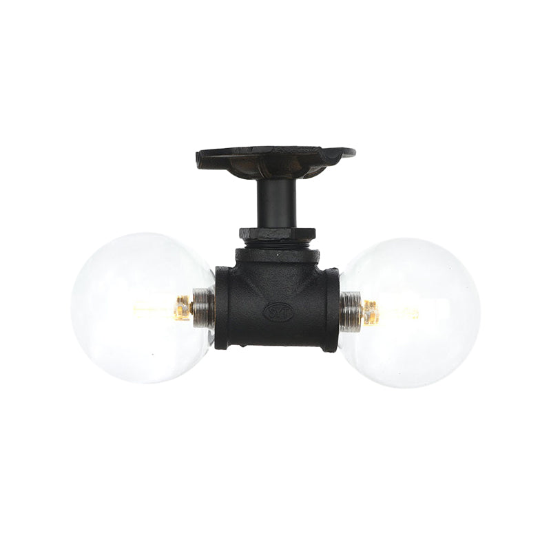 Antiqued Black Semi Mount Lighting With Clear Glass - 2 - Light Sphere Flush Mounted Lamp