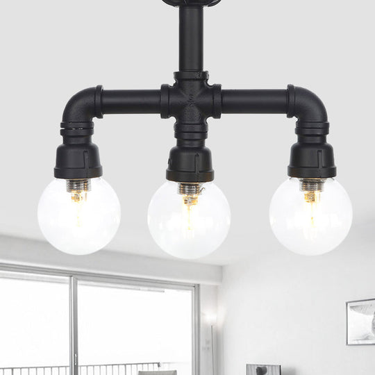 Industrial Orb Semi - Flush Clear Glass Led Lights In Black / B