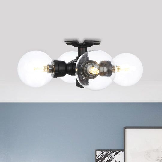 Industrial Orb Semi - Flush Clear Glass Led Lights In Black