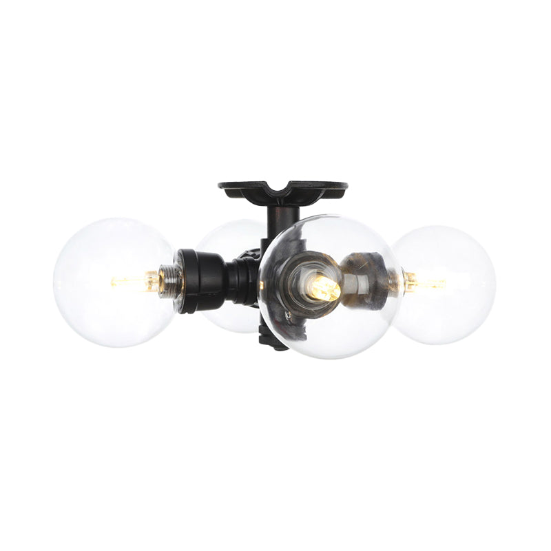 Industrial Orb Semi - Flush Clear Glass Led Lights In Black