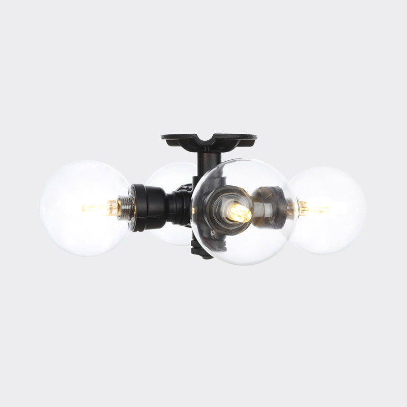 Industrial Orb Semi - Flush Clear Glass Led Lights In Black