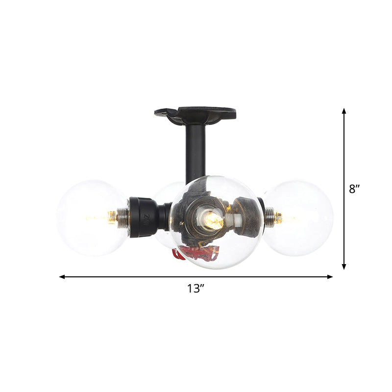 Industrial Orb Semi - Flush Clear Glass Led Lights In Black