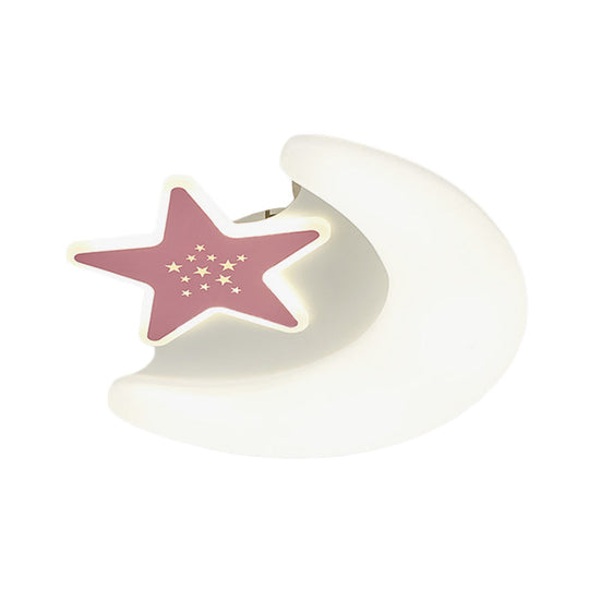 Kid’s Moon And Star Flush Mount Acrylic Led Ceiling Light Fixture: Pink/Blue Finish For Bedroom
