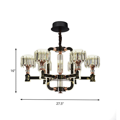 Modern Black Led Chandelier With Crystal Block Cylinder And 6/8 Bulbs