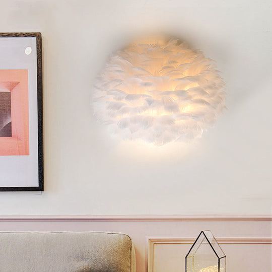 Designer Half Globe Wall Sconce With Feather Accent White/Grey Finish White