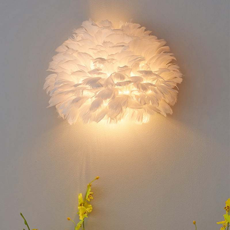 Designer Half Globe Wall Sconce With Feather Accent White/Grey Finish