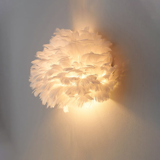 Designer Half Globe Wall Sconce With Feather Accent White/Grey Finish