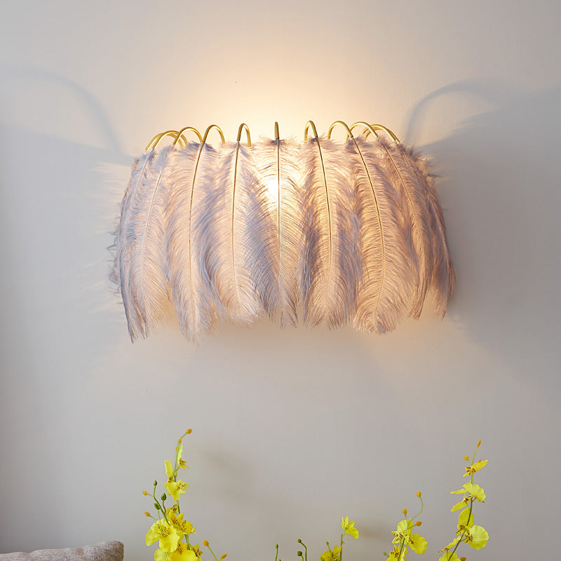 Modern Grey And White Sconce Light With Feather Detail For Parlor Wall