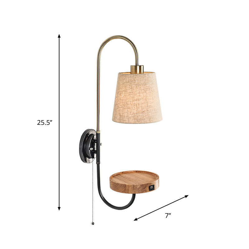 Modern Conical Fabric Wall Mount Lamp With Usb Port And Wood Rack