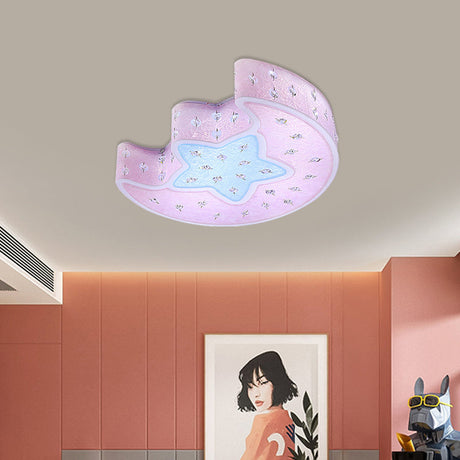 Modernist Led Moon And Star Flush Mount Pendant: Acrylic Blue/Pink Ceiling Lighting With Crystal