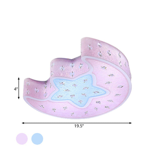 Modernist Led Moon And Star Flush Mount Pendant: Acrylic Blue/Pink Ceiling Lighting With Crystal