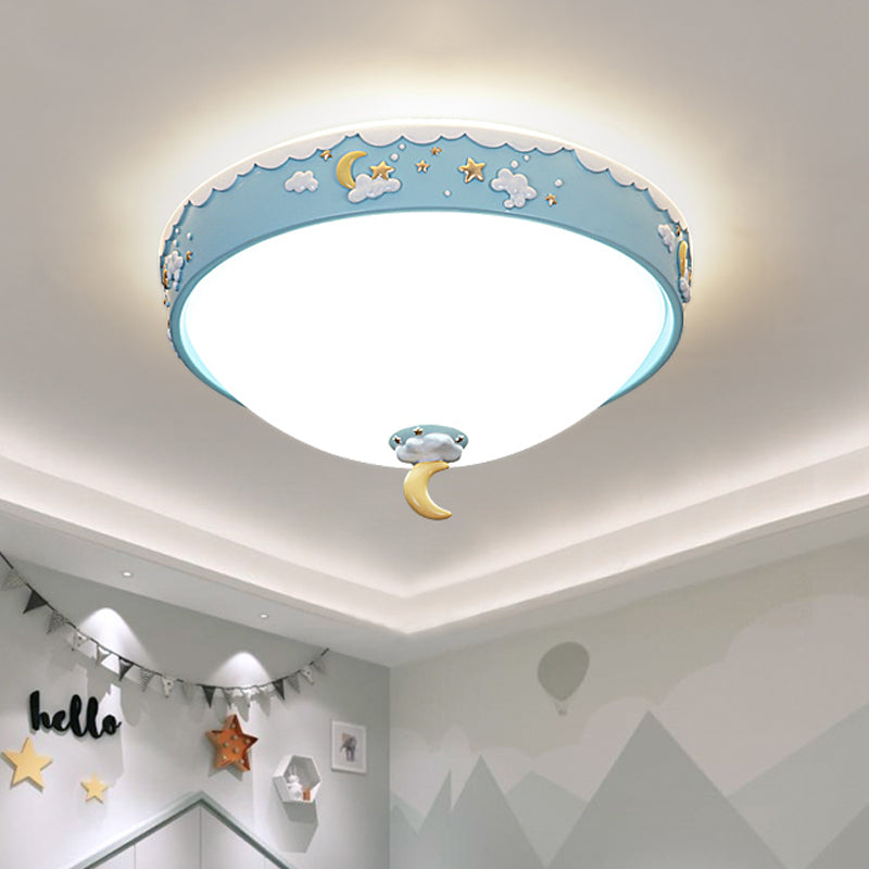 Contemporary Pink/Blue Cloud Pattern Led Ceiling Flush Mount With Moon And Star Design - Acrylic