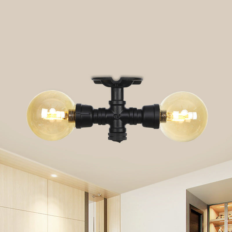 2 - Light Amber Glass Semi Flush Antiqued Black Sphere Ceiling Lamp / A