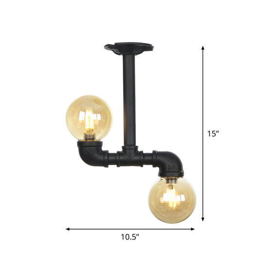 2 - Head Semi - Flush Industrial Ball Amber Glass Ceiling Fixture In Black