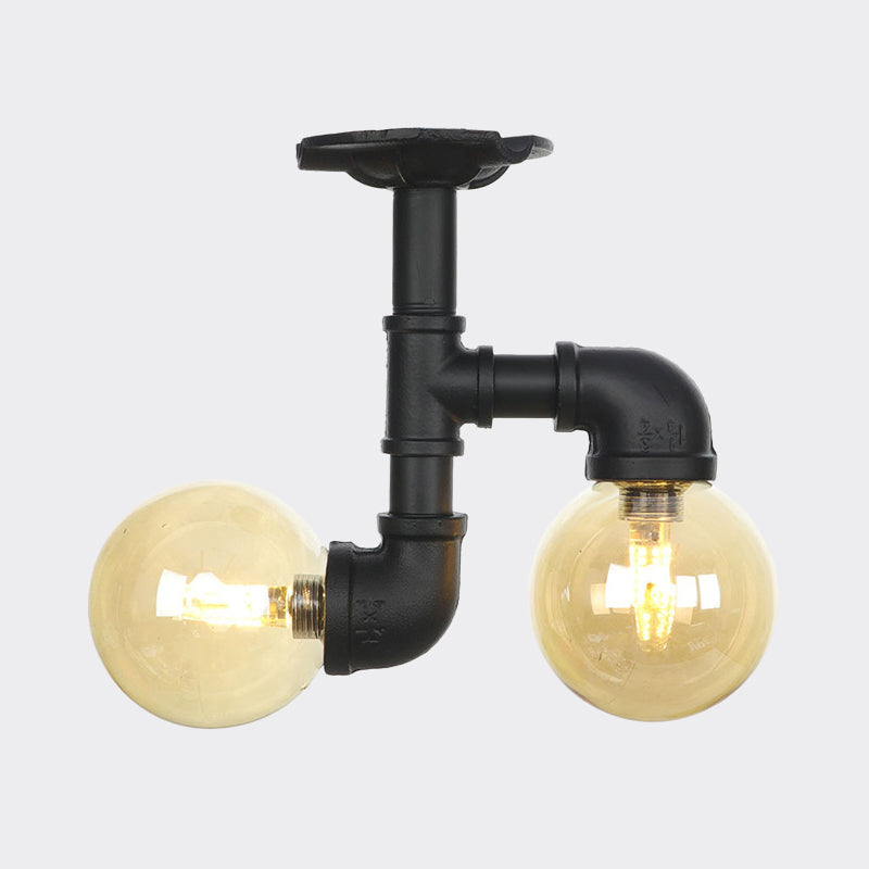 2 - Head Semi - Flush Industrial Ball Amber Glass Ceiling Fixture In Black