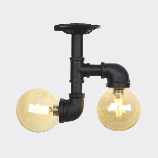 2 - Head Semi - Flush Industrial Ball Amber Glass Ceiling Fixture In Black