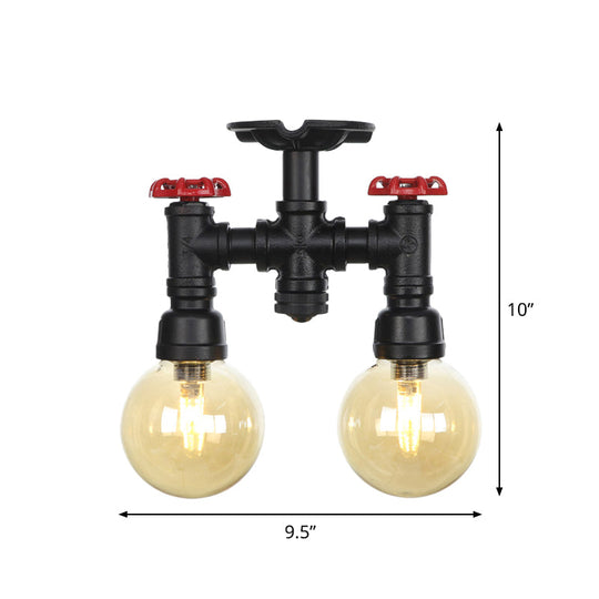 2 - Head Semi - Flush Industrial Ball Amber Glass Ceiling Fixture In Black