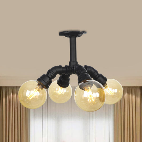 Industrial Black Ball Semi - Flush Ceiling Light - Amber Glass Led Flushmount (4/5/6 - Light)