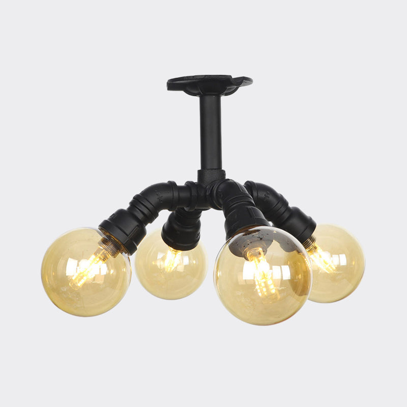Industrial Black Ball Semi - Flush Ceiling Light - Amber Glass Led Flushmount (4/5/6 - Light)