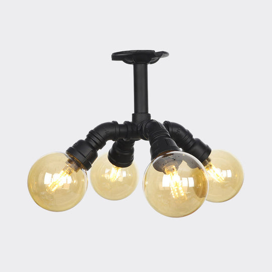Industrial Black Ball Semi - Flush Ceiling Light - Amber Glass Led Flushmount (4/5/6 - Light)