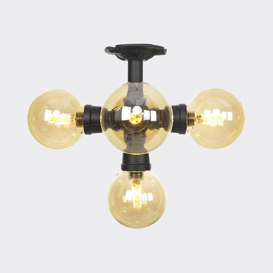 Industrial Black Ball Semi - Flush Ceiling Light - Amber Glass Led Flushmount (4/5/6 - Light)