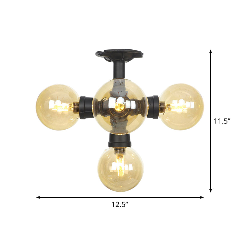 Industrial Black Ball Semi - Flush Ceiling Light - Amber Glass Led Flushmount (4/5/6 - Light)