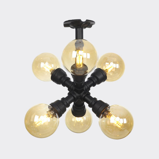 Industrial Black Ball Semi - Flush Ceiling Light - Amber Glass Led Flushmount (4/5/6 - Light)