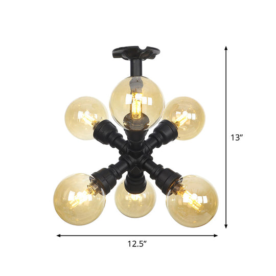 Industrial Black Ball Semi - Flush Ceiling Light - Amber Glass Led Flushmount (4/5/6 - Light)