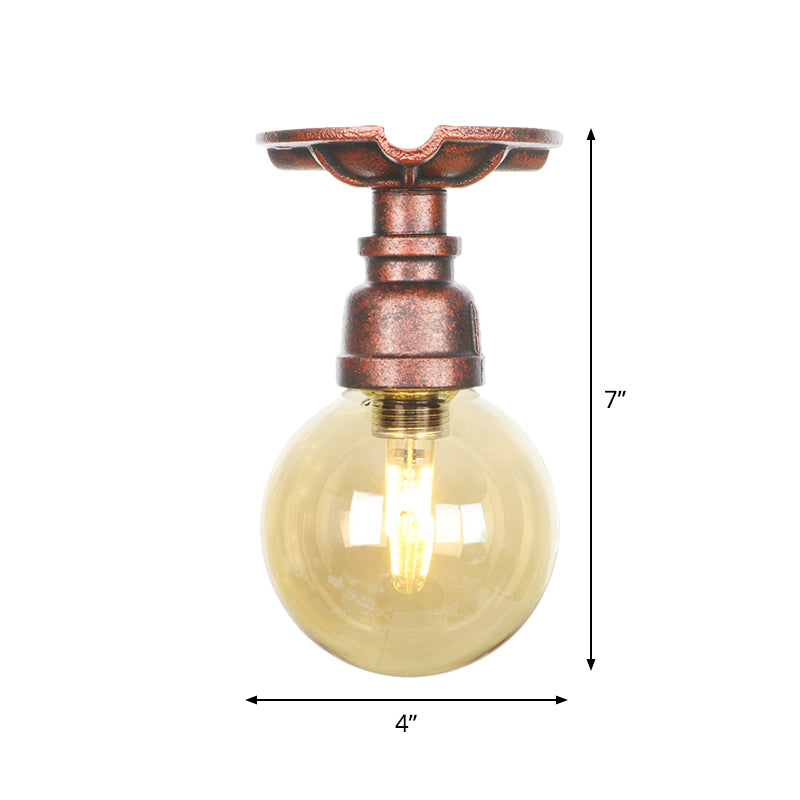 Copper Finish Semi Flush Mount Vintage Ceiling Lamp With Amber Glass Orb