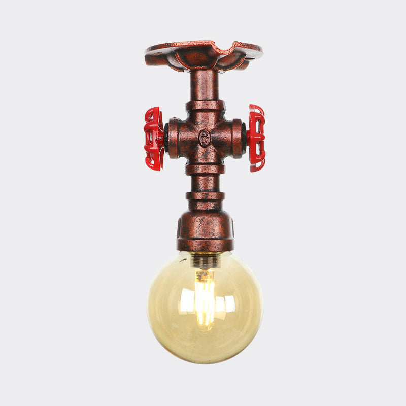 Copper Finish Semi Flush Mount Vintage Ceiling Lamp With Amber Glass Orb
