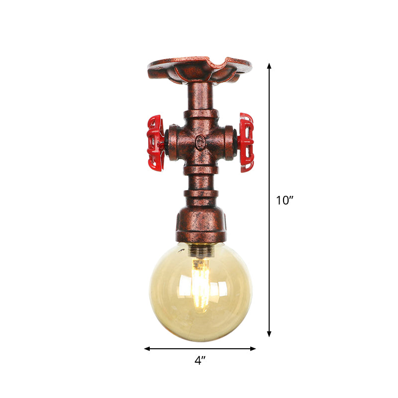 Copper Finish Semi Flush Mount Vintage Ceiling Lamp With Amber Glass Orb