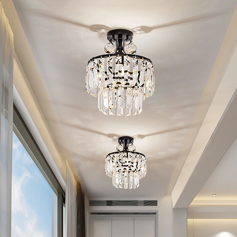 Modern Crystal Ceiling Lamp With 1-Light Semi Mount And Round 2-Tier Shade For Hallway
