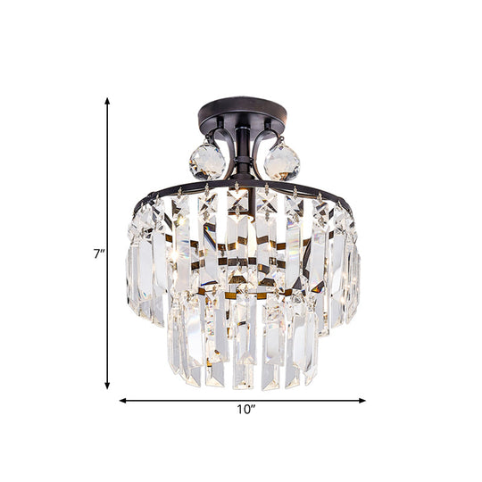 Modern Crystal Ceiling Lamp With 1-Light Semi Mount And Round 2-Tier Shade For Hallway